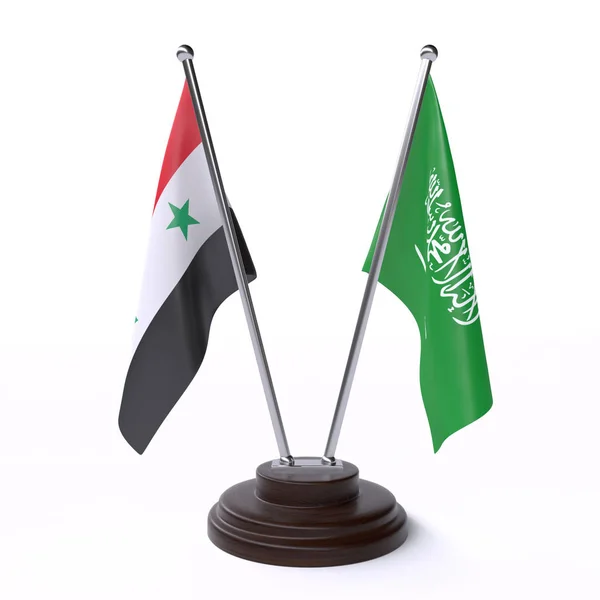 Siria Arabia Saudita Due Bandiere Tavolo Isolate Sfondo Bianco Immagine — Foto Stock