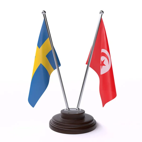Швеція Тунісу Два Настільні Прапори Ізольовані Білому Тлі Зображення — стокове фото