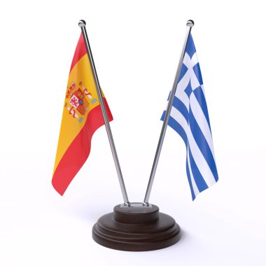 İspanya ve Yunanistan, iki beyaz arka plan üzerinde izole bayrakları masa. 3D görüntü 