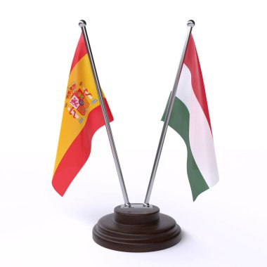 İspanya ve Macaristan, iki beyaz arka plan üzerinde izole bayrakları masa. 3D görüntü 