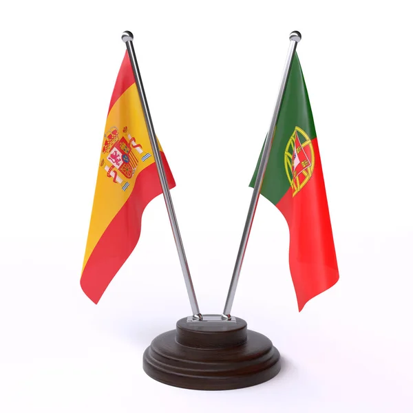 España Portugal Dos Banderas Mesa Aisladas Sobre Fondo Blanco Imagen — Foto de Stock
