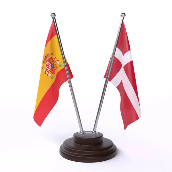 Іспанія Данія Двох Настільні Прапори Ізольовані Білому Тлі Зображення — стокове фото