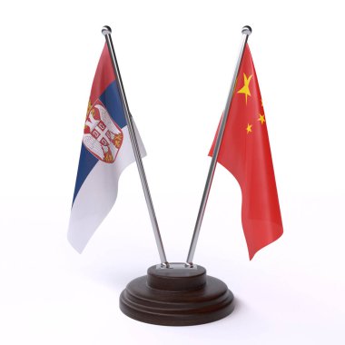 Sırbistan ve Çin, iki beyaz arka plan üzerinde izole bayrakları masa. 3D görüntü