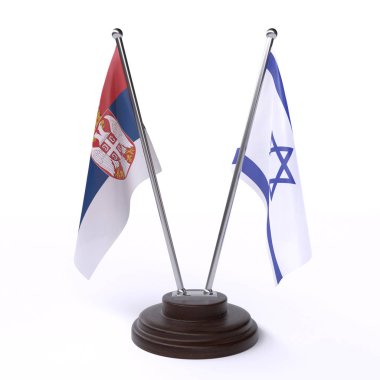 Sırbistan ve İsrail, iki beyaz arka plan üzerinde izole bayrakları masa. 3D görüntü