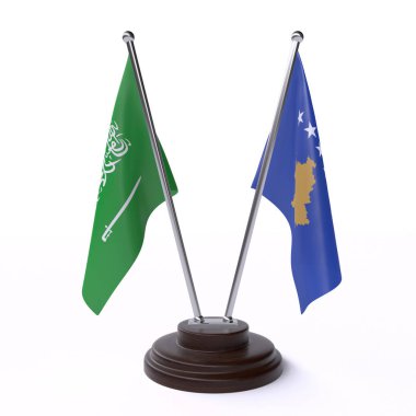 Suudi Arabistan ve Kosova, beyaz arka plan üzerinde izole iki Masa bayrakları. 3D görüntü 