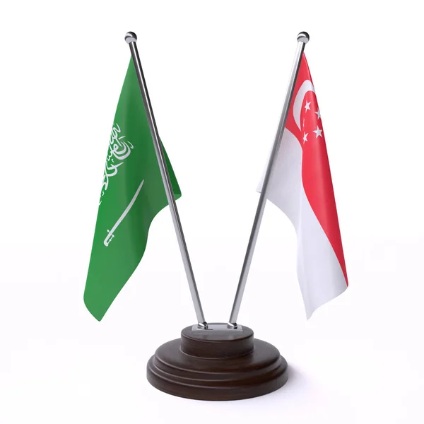 Saúdská Arábie Singapur Dva Stolní Vlaječky Izolované Bílém Pozadí Obrázek — Stock fotografie