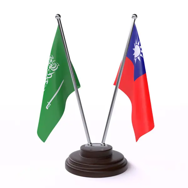 Arabia Saudita Taiwán Dos Banderas Mesa Aisladas Sobre Fondo Blanco —  Fotos de Stock