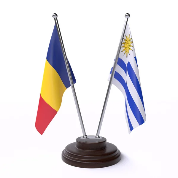 罗马尼亚和乌拉圭 两个桌旗子查出在白色背景 — 图库照片