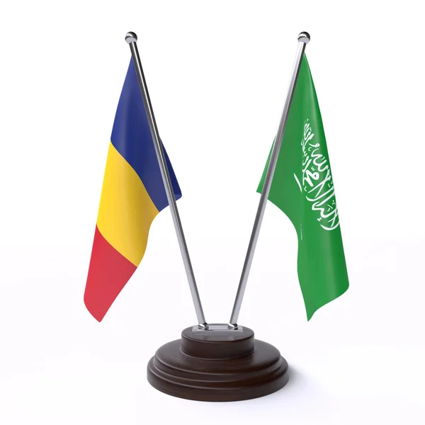 Rumunsko Saúdské Arábie Dva Stolní Vlaječky Izolované Bílém Pozadí Obrázek — Stock fotografie