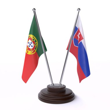 Portekiz ve Slovakya, iki beyaz arka plan üzerinde izole bayrakları masa. 3D görüntü