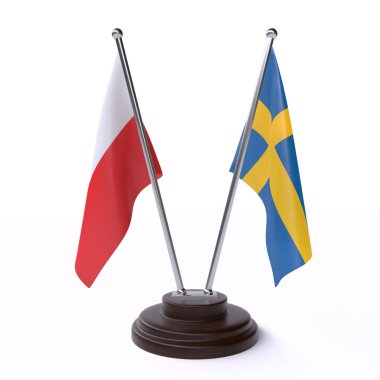 Polonya ve İsveç, iki beyaz arka plan üzerinde izole bayrakları masa. 3D görüntü