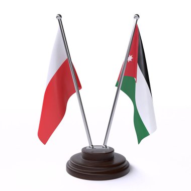 Polonya ve Jordan, iki beyaz arka plan üzerinde izole bayrakları masa. 3D görüntü