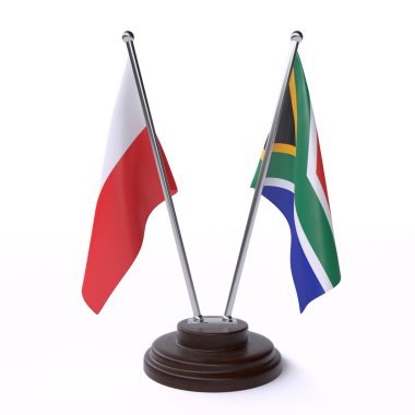 Polonya ve Güney Afrika, beyaz arka plan üzerinde izole iki Masa bayrakları. 3D görüntü