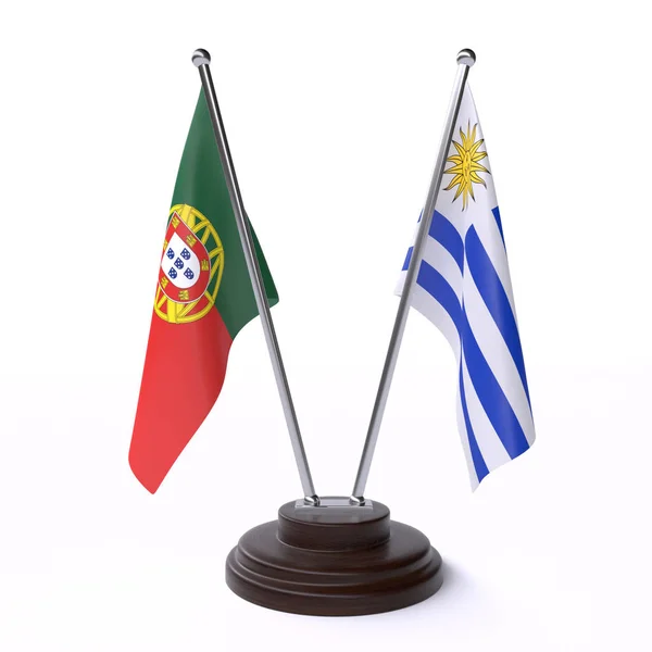 Portugal Uruguay Dos Banderas Mesa Aisladas Sobre Fondo Blanco Imagen — Foto de Stock