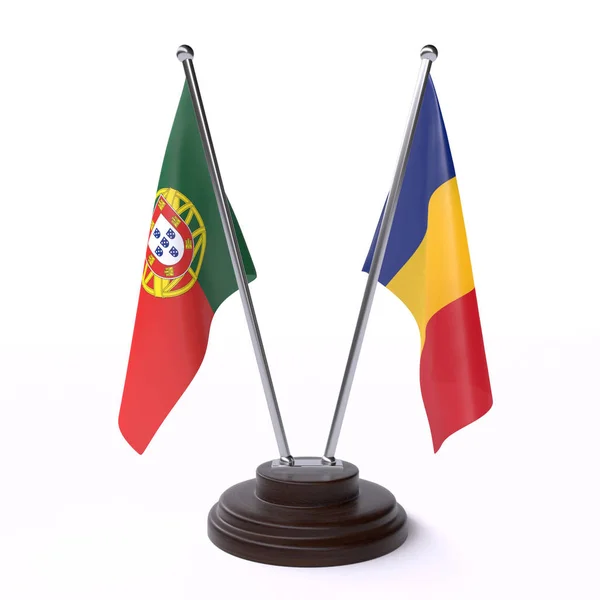 Portugal Roménia Duas Bandeiras Mesa Isoladas Sobre Fundo Branco Imagem — Fotografia de Stock