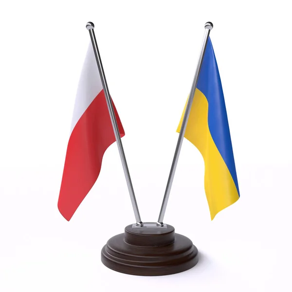 Polonya ve Ukrayna, iki beyaz arka plan üzerinde izole bayrakları masa. 3D görüntü