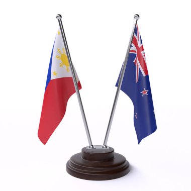 Türkiye ve Yeni Zelanda, beyaz arka plan üzerinde izole iki Masa bayrakları. 3D görüntü