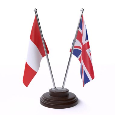 Peru ve İngiltere, beyaz arka plan üzerinde izole iki Masa bayrakları. 3D görüntü