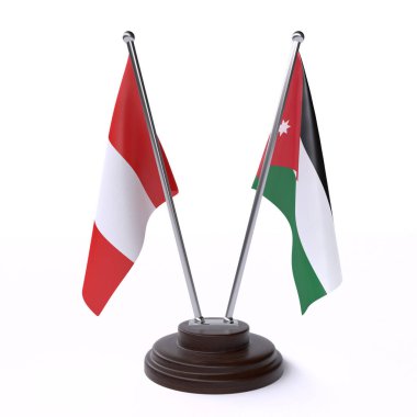 Peru ve Jordan, iki beyaz arka plan üzerinde izole bayrakları masa. 3D görüntü