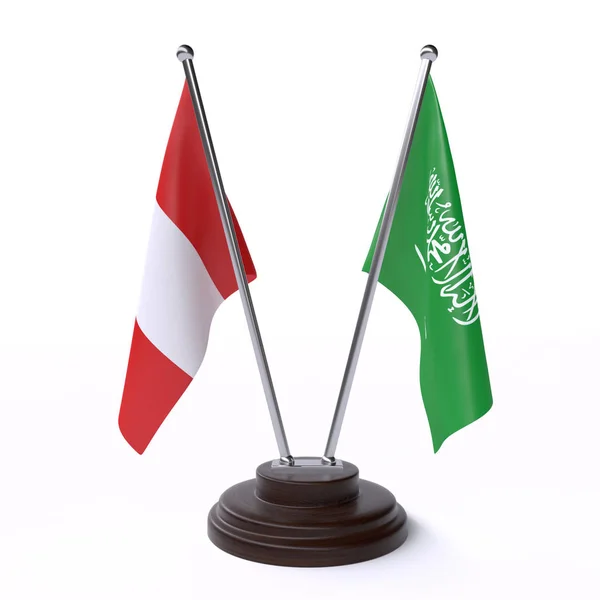 Peru Saúdské Arábie Dva Stolní Vlaječky Izolované Bílém Pozadí Obrázek — Stock fotografie