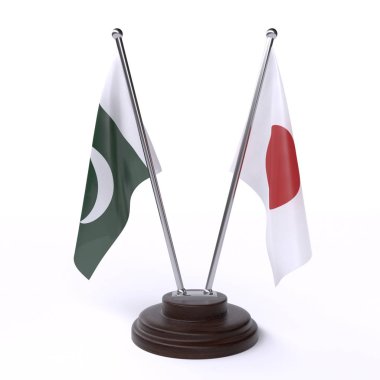 Pakistan ve Japonya, iki beyaz arka plan üzerinde izole bayrakları masa. 3D görüntü