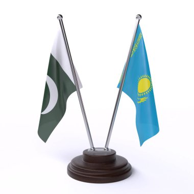 Pakistan ve Kazakistan, iki beyaz arka plan üzerinde izole bayrakları masa. 3D görüntü