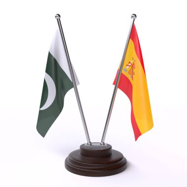 Pakistan ve İspanya, iki beyaz arka plan üzerinde izole bayrakları masa. 3D görüntü