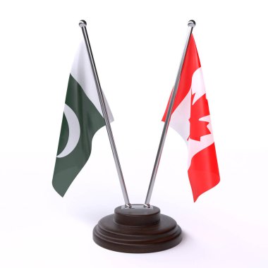 Pakistan ve Kanada, iki beyaz arka plan üzerinde izole bayrakları masa. 3D görüntü