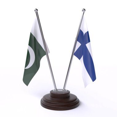 Pakistan ve Finlandiya, iki beyaz arka plan üzerinde izole bayrakları masa. 3D görüntü