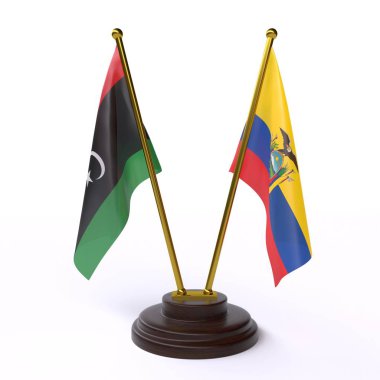 Libya ve Ekvador, iki beyaz arka plan üzerinde izole bayrakları masa. 3D görüntü 