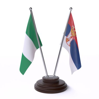 Nijerya ve Sırbistan, iki beyaz arka plan üzerinde izole bayrakları masa. 3D görüntü