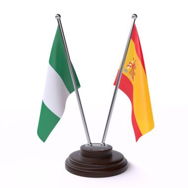 Nijerya ve İspanya, iki beyaz arka plan üzerinde izole bayrakları masa. 3D görüntü