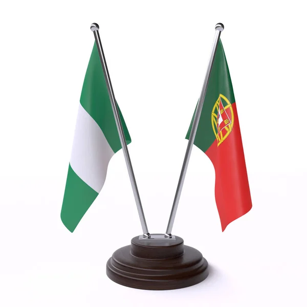 Nijerya Portekiz Iki Beyaz Arka Plan Üzerinde Izole Bayrakları Masa — Stok fotoğraf