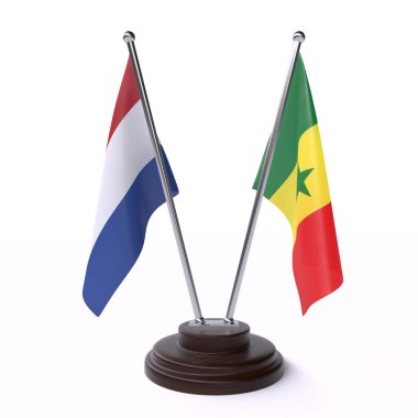 Hollanda ve Senegal, iki beyaz arka plan üzerinde izole bayrakları masa. 3D görüntü