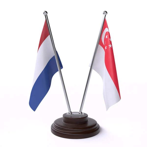 Países Baixos Singapura Duas Bandeiras Mesa Isoladas Sobre Fundo Branco — Fotografia de Stock