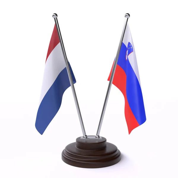 Países Baixos Eslovénia Duas Bandeiras Mesa Isoladas Sobre Fundo Branco — Fotografia de Stock