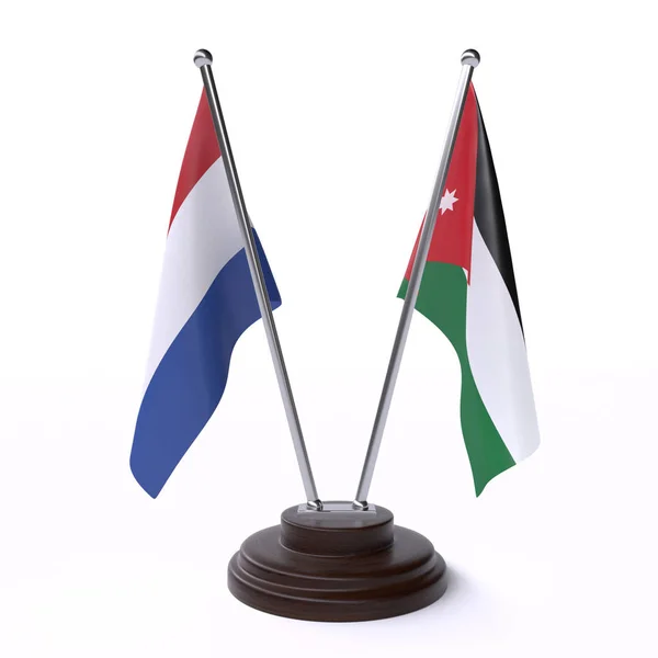 Países Bajos Jordania Dos Banderas Mesa Aisladas Sobre Fondo Blanco —  Fotos de Stock