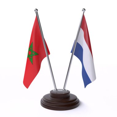 Fas ve Hollanda, iki beyaz arka plan üzerinde izole bayrakları masa. 3D görüntü