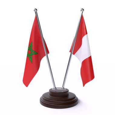 Fas ve Peru, iki beyaz arka plan üzerinde izole bayrakları masa. 3D görüntü