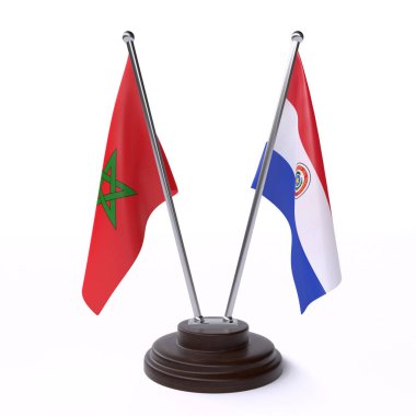 Fas ve Paraguay, iki beyaz arka plan üzerinde izole bayrakları masa. 3D görüntü