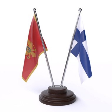 Karadağ ve Finlandiya, iki beyaz arka plan üzerinde izole bayrakları masa. 3D görüntü