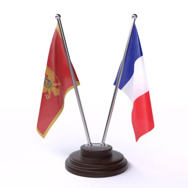 Karadağ ve Fransa, iki beyaz arka plan üzerinde izole bayrakları masa. 3D görüntü