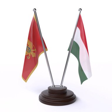 Karadağ ve Macaristan, iki beyaz arka plan üzerinde izole bayrakları masa. 3D görüntü