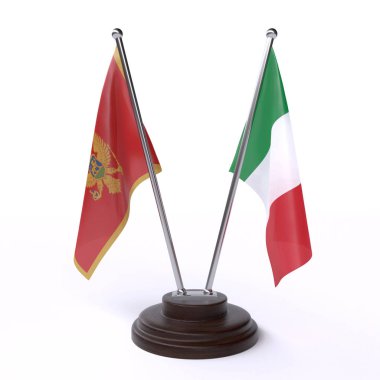 Karadağ ve İtalya, iki beyaz arka plan üzerinde izole bayrakları masa. 3D görüntü