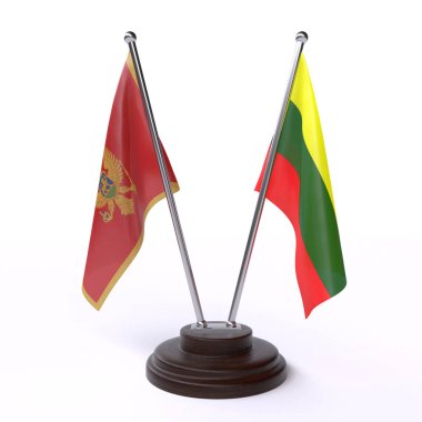 Karadağ ve Litvanya, iki beyaz arka plan üzerinde izole bayrakları masa. 3D görüntü