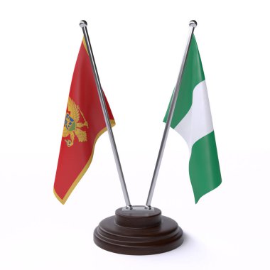 Karadağ ve Nijerya, iki beyaz arka plan üzerinde izole bayrakları masa. 3D görüntü