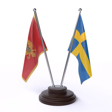 Karadağ ve İsveç, iki beyaz arka plan üzerinde izole bayrakları masa. 3D görüntü