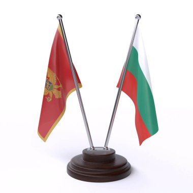 Karadağ ve Bulgaristan, iki beyaz arka plan üzerinde izole bayrakları masa. 3D görüntü
