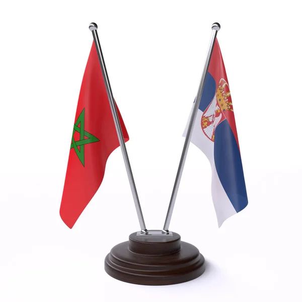 Marokko Und Serbien Zwei Tischfahnen Isoliert Auf Weißem Hintergrund Bild — Stockfoto