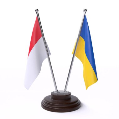 Endonezya ve Ukrayna, iki beyaz arka plan üzerinde izole bayrakları masa. 3D görüntü